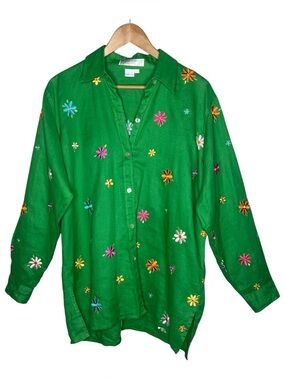 Vintage Green 100% Linen Floral Embroidered Button Down Shirt Coastal Vacation